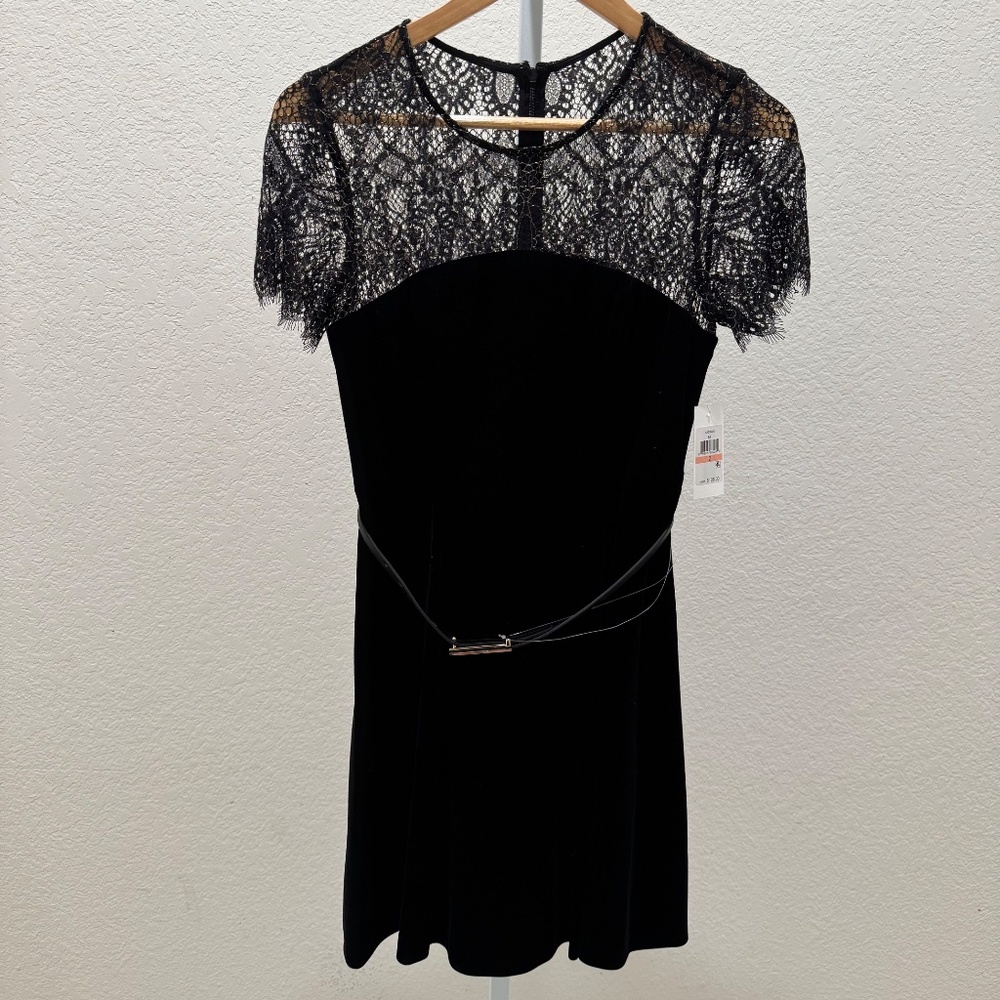 New Women's Jessica Simpson Black and Gold Lace Trim Belted Velvet Dress - Picture 4 of 6